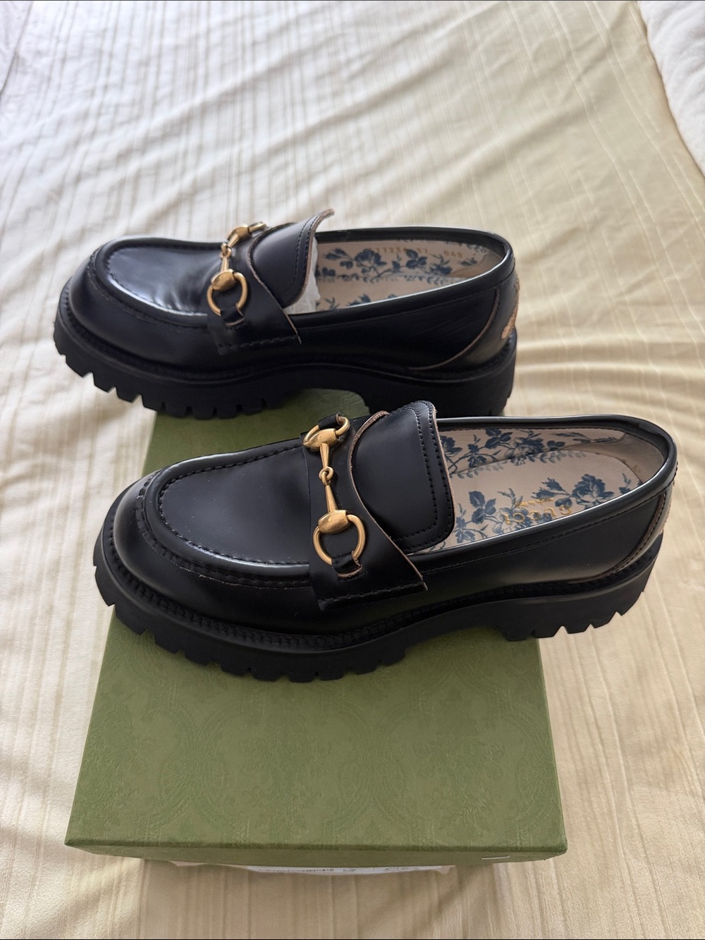 Gucci Black Leather Lug-Sole Horsebit Loafers with Gold Hardware - Picture 8 of 9